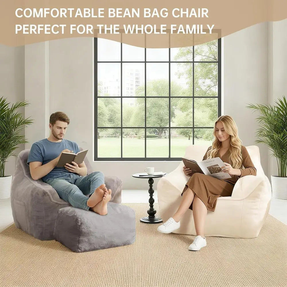 Gray Bean Bag Chair with Ottoman Set